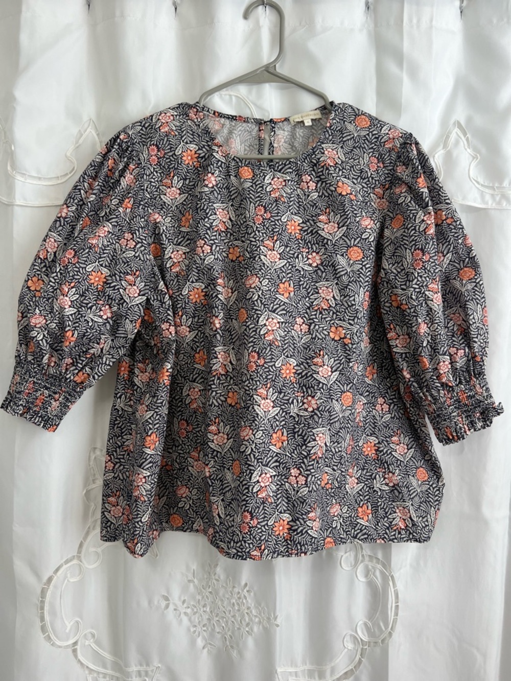 Ann Mashburn Floral Puff Sleeve Blouse XL Navy Pink Cottagecore Top